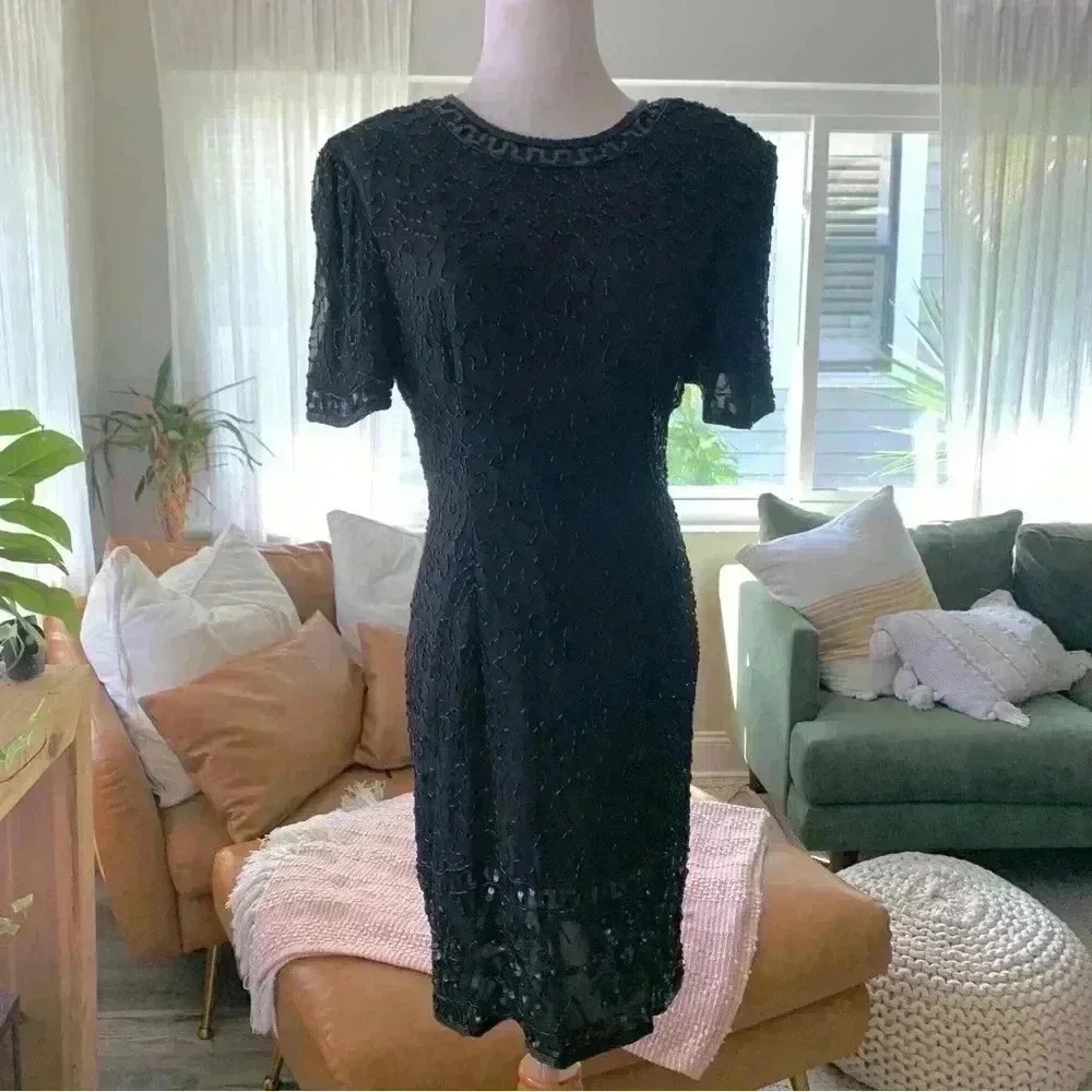 Stemay vintage black bead and sequin formal midi dress